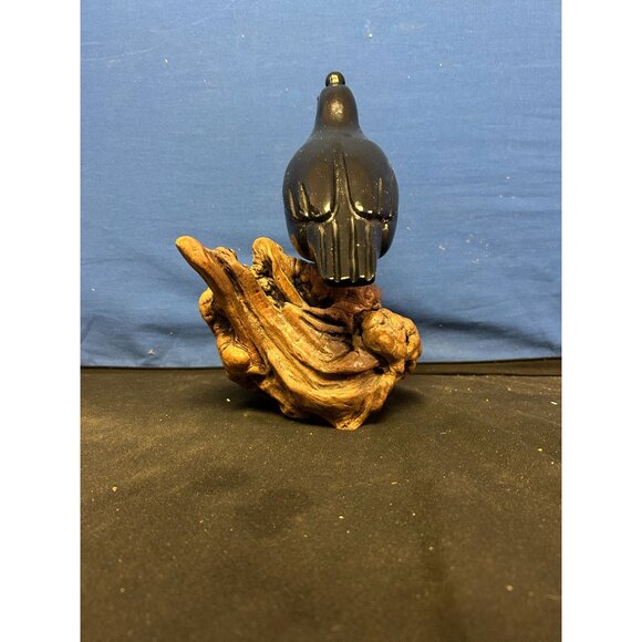 Hand-Carved Black Quail Figurine On Natural Wood Base Rustic Decor - Picture 5 of 5
